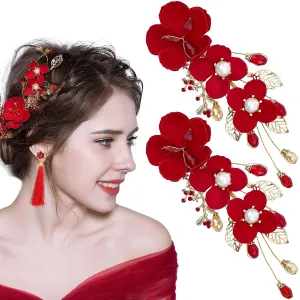 2 Pack Red Flower Hair Clips Rose Floral Bridal Hairpins Crystal Pearl Flower Bride Headpiece Red Wedding Accessories for Women Girls Halloween Chrismas Party Prom