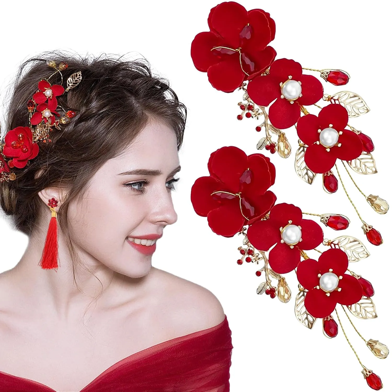 2 Pack Red Flower Hair Clips Rose Floral Bridal Hairpins Crystal Pearl Flower Bride Headpiece Red Wedding Accessories for Women Girls Halloween Chrismas Party Prom