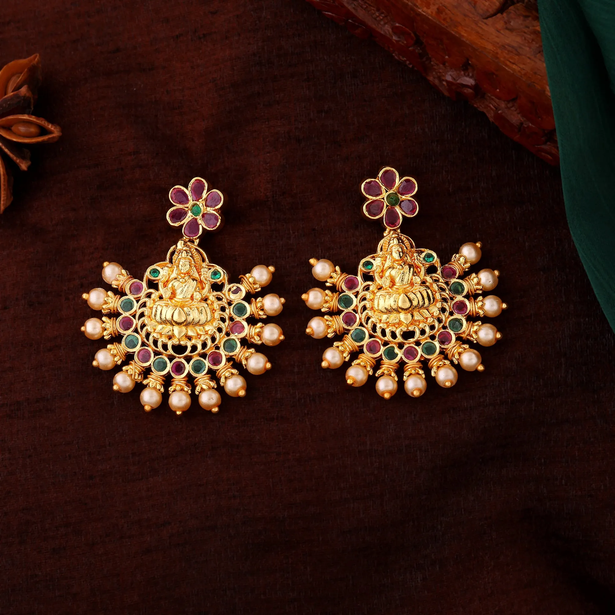 Estele Gold Plated CZ Traditional Lakshmi Devi Designer Earrings with Pearls for Women
