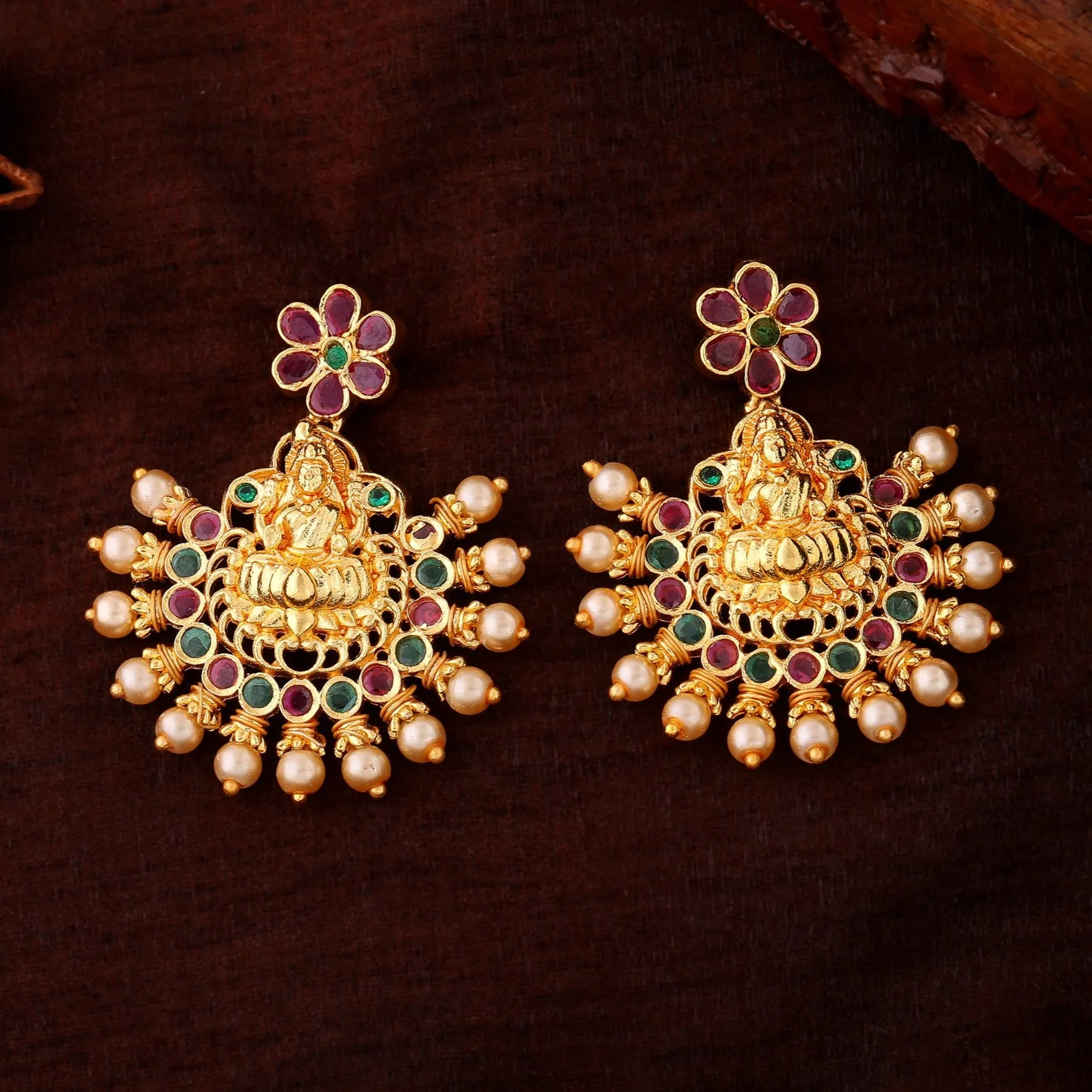 Estele Gold Plated CZ Traditional Lakshmi Devi Designer Earrings with Pearls for Women