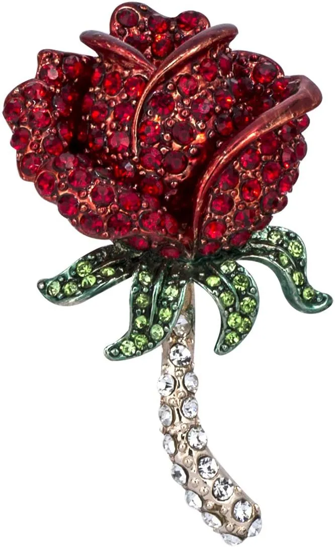 YOQUCOL Elegant Cubic Zirconia Crystal Rhinestone Red Rose Shape Brooch Pin for Women Grils