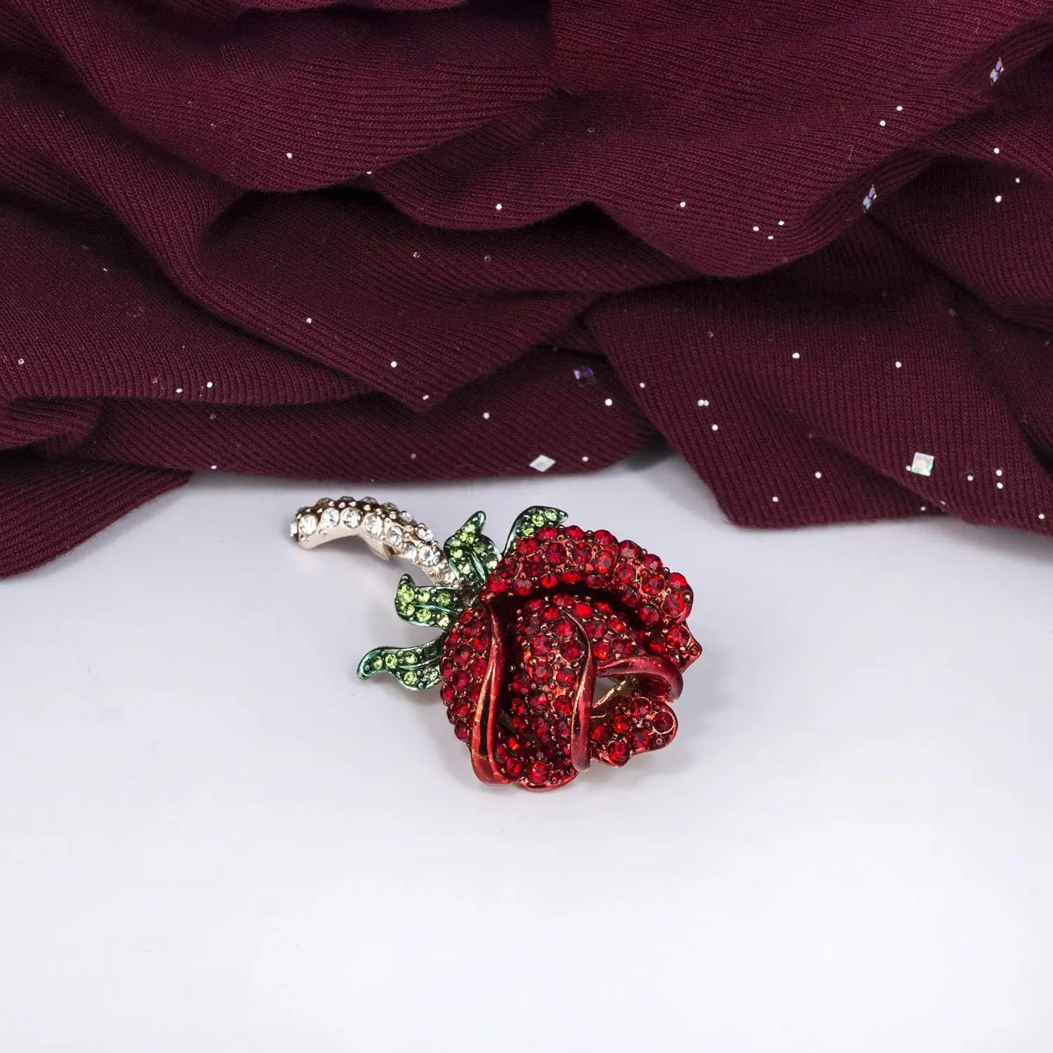 YOQUCOL Elegant Cubic Zirconia Crystal Rhinestone Red Rose Shape Brooch Pin for Women Grils