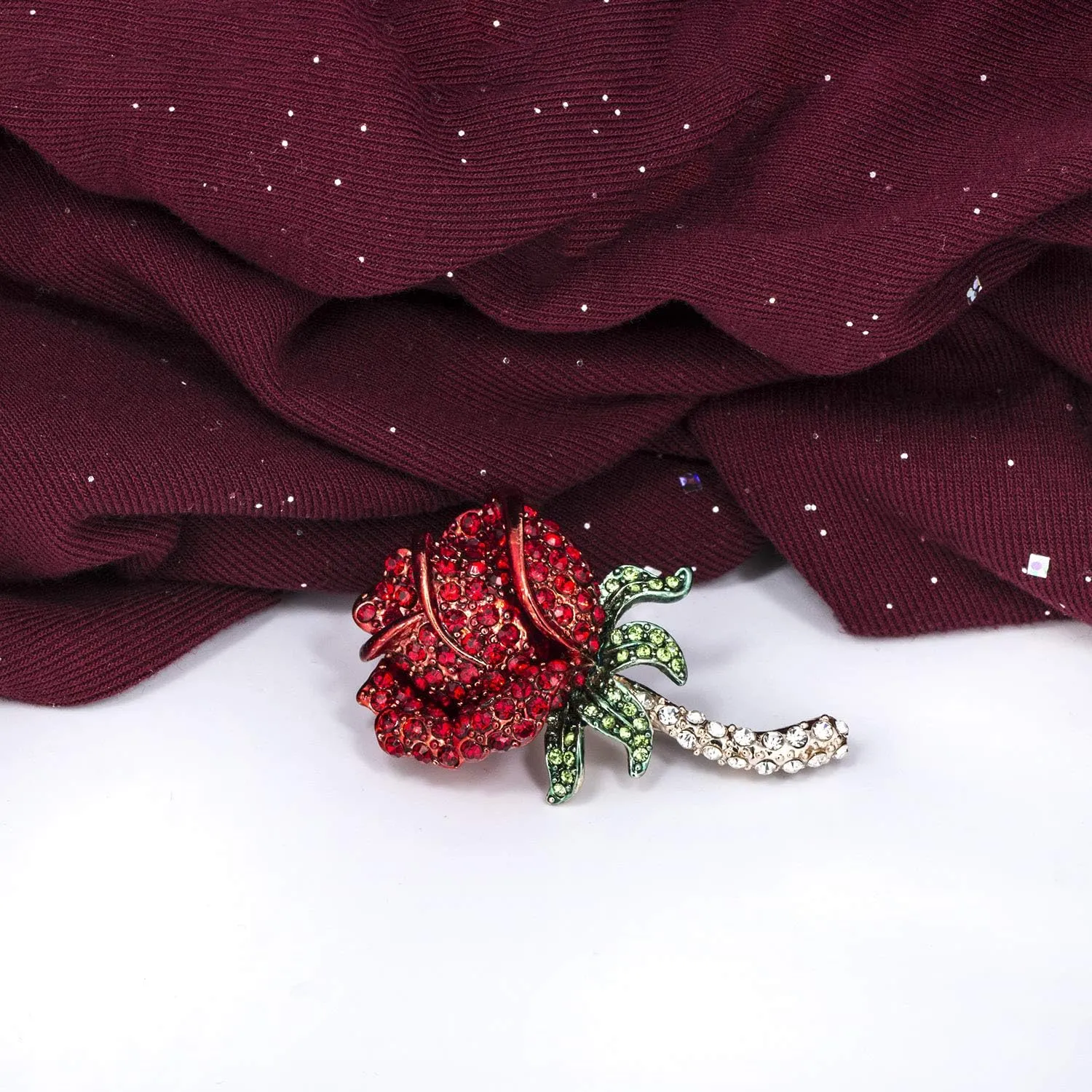 YOQUCOL Elegant Cubic Zirconia Crystal Rhinestone Red Rose Shape Brooch Pin for Women Grils