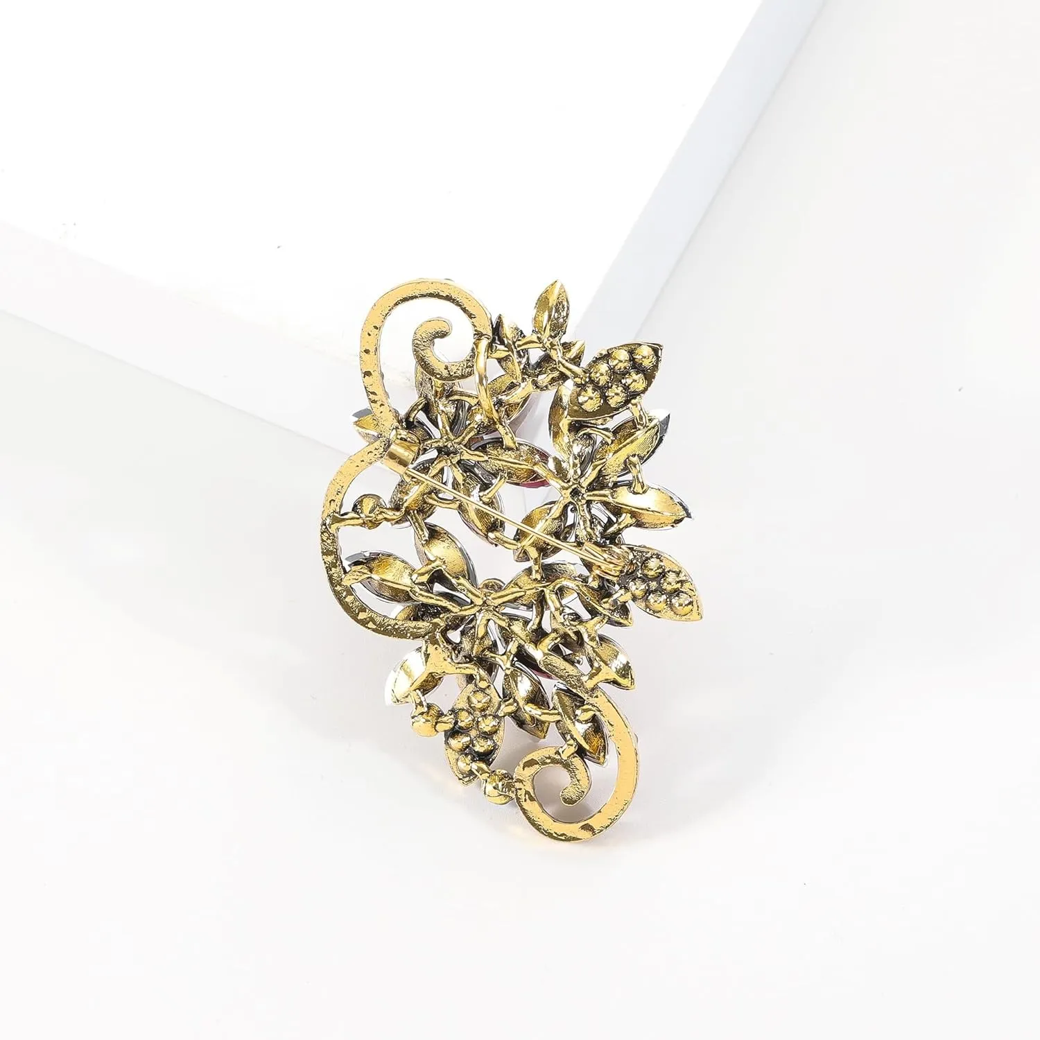 YOQUCOL Vintage Red Austrian Crystal Rhinestone Flower Shape Brooch Pin for Women