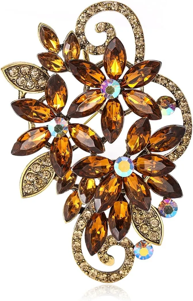 YOQUCOL Vintage Red Austrian Crystal Rhinestone Flower Shape Brooch Pin for Women